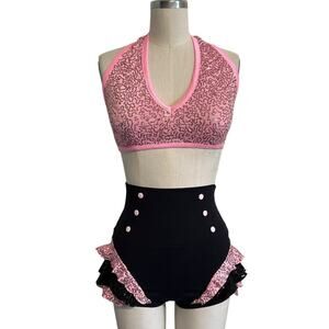 NWOT Sequin Halter Top & High Wait Button Brief Shorts Pink & Black XS